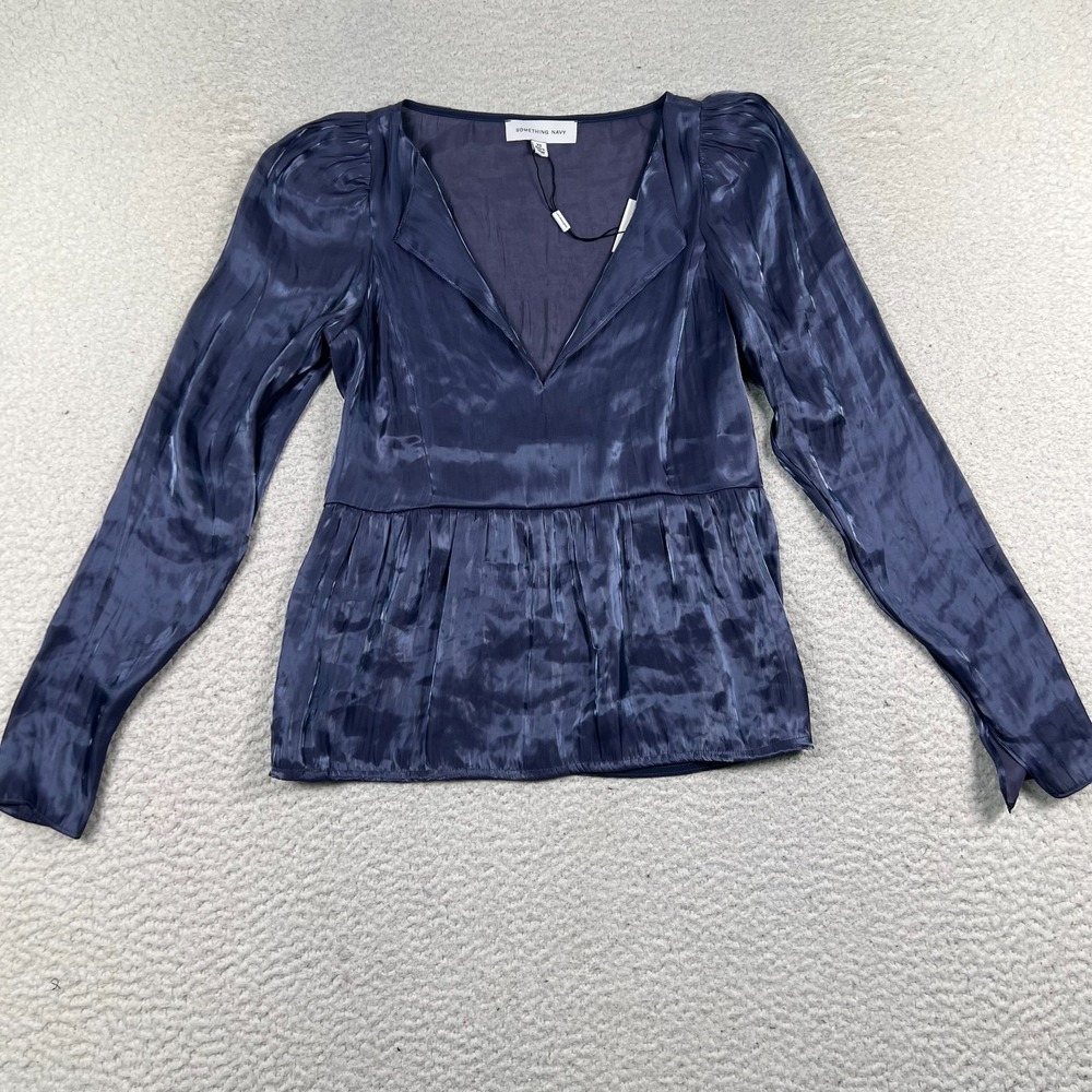 NWT Something Navy Iridescent Blouse Top Women XS Long Sleeve Metallic Blue $135